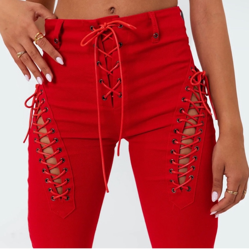 Edikted red flare tie pants jeans worn once